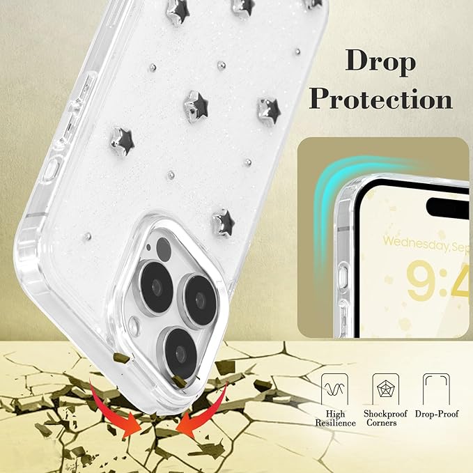 EYZUTAK Case for iPhone 15 Pro, Bling Glitter 3D Stars Phone Case Cute Sparkly Crystal Clear Star Aesthetic Design Case Slim Soft Durable TPU Transparent Protective Cover for Women Girls - Star
