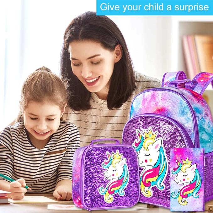 3PCS Girls Backpack, 16" Kids Sequins Unicorn Bookbag with Lunch Box, School Bags for Elementary Preschool Kindergarten - Purple