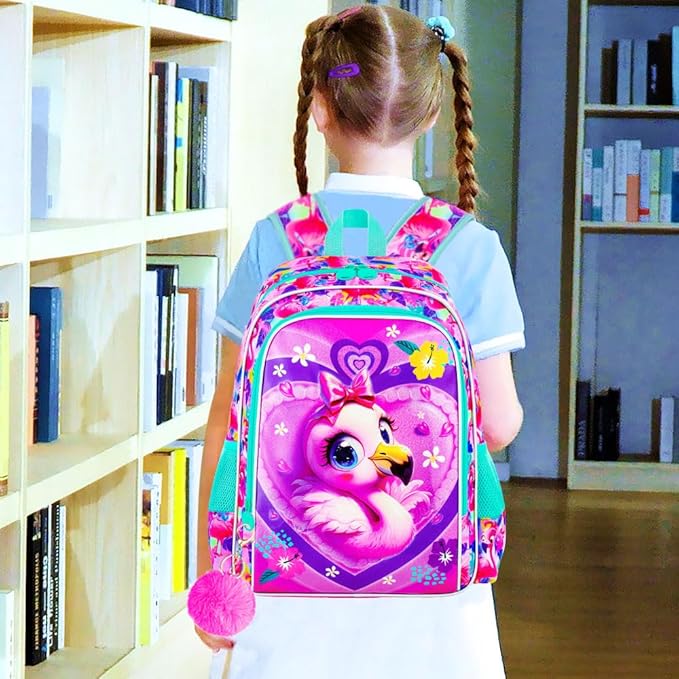 16" Girls Backpack, 3Pcs Flamingo School Bookbag with Lunch Box, Kids Backpacks for Elementary Preschool Kindergarten(Pink)