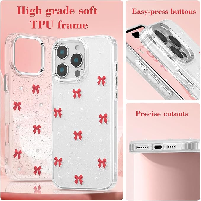 EYZUTAK Case for iPhone 17 Pro Max, Bling Glitter 3D Bowknot Phone Case Cute Sparkly Crystal Clear Bow Aesthetic Design Cover Slim Soft Durable TPU Transparent Protective Cover for Women Girl-Red Bow