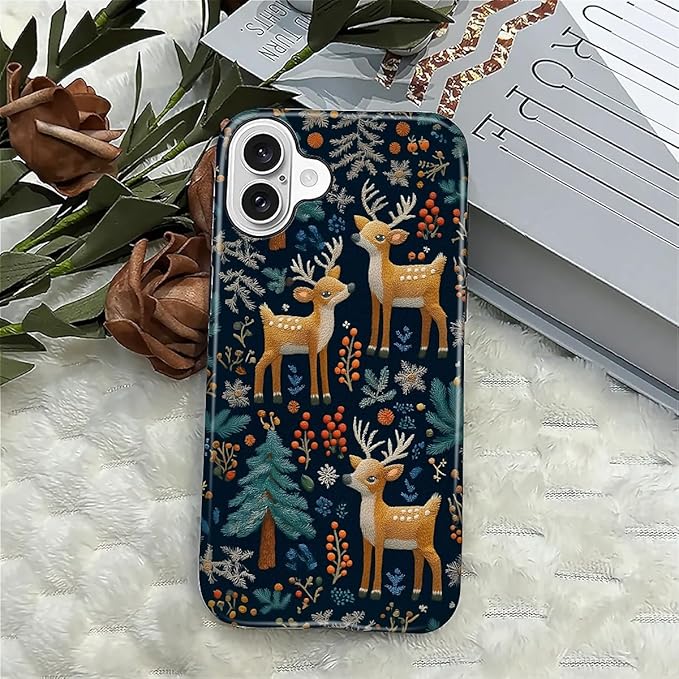Case for iPhone 16 Case,Cute Christmas Reindeer Design - Hybrid Dual Protection Silicone + Hard PC Shockproof Full Body Cover Slim Anti-Scratch Protective Case for Men Women