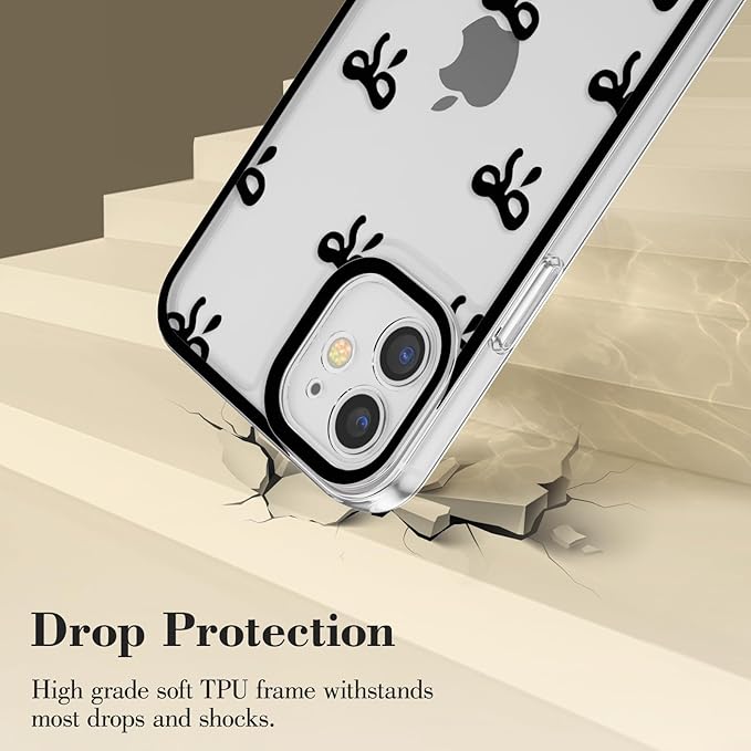 EYZUTAK Case for iPhone 12, Clear Cute Ribbon Bowknot Pattern Aesthetic Transparent Phone Case Raised Camera Protection Stylish Slim Soft Durable TPU Protective Cover for Women Girls - Black