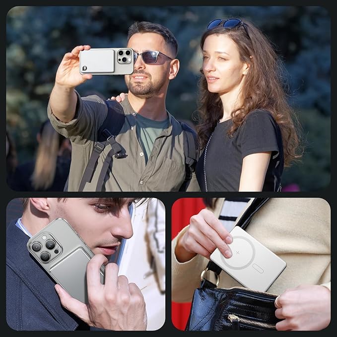 Power Bank,0.3" Ultra Slim 5000mAh Magnetic Wireless Portable Charger,with USB-C Cable Digital Display,Metal Fast Charger Battery Pack for iPhone 16/15/14/13/12 Series, Samsung Android(Silver)