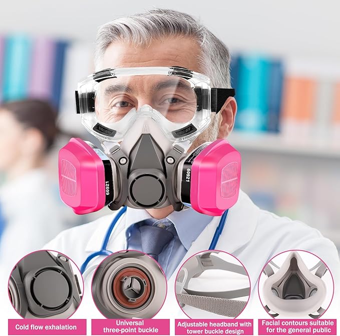 Respirator Mask for Chemicals With 60921 Filters, Chemical Respirator With Goggles, Half Face Gas Mask Perfect for Paint, Epoxy Resin, Dustproof, Woodworking, Organic Vapor, Sanding (With Goggle)
