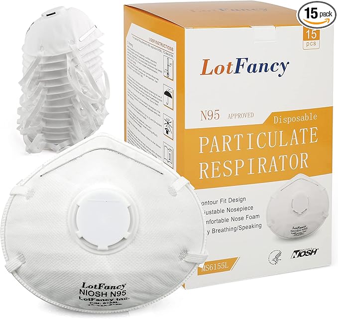 LotFancy NIOSH N95 Mask, 15PCS Particulate Respirator with Breathing Valve, Disposable Air Filter Masks Against Dust, Pollution, Particle, Face Mask for Woodworking, Construction