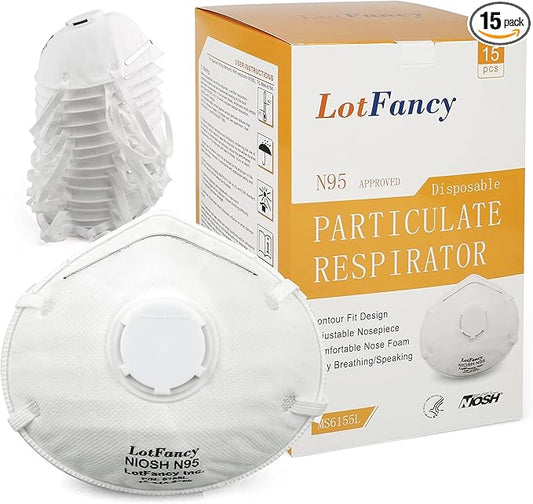 LotFancy NIOSH N95 Mask, 15PCS Particulate Respirator with Breathing Valve, Disposable Air Filter Masks Against Dust, Pollution, Particle, Face Mask for Woodworking, Construction