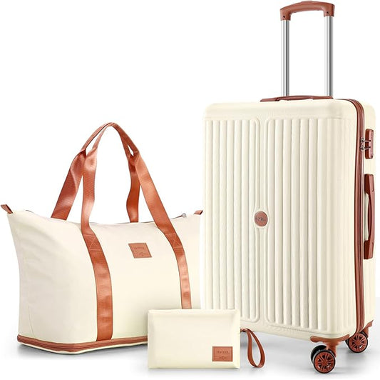 Hoteel 20Inch Luggage 3-piece Set, 360° Universal Suitcases with Wheels Hard Shell Suitcase with TSA Lock, Including Waterproof Luggage Bag, Travel Maletas for Men and Women,Beige