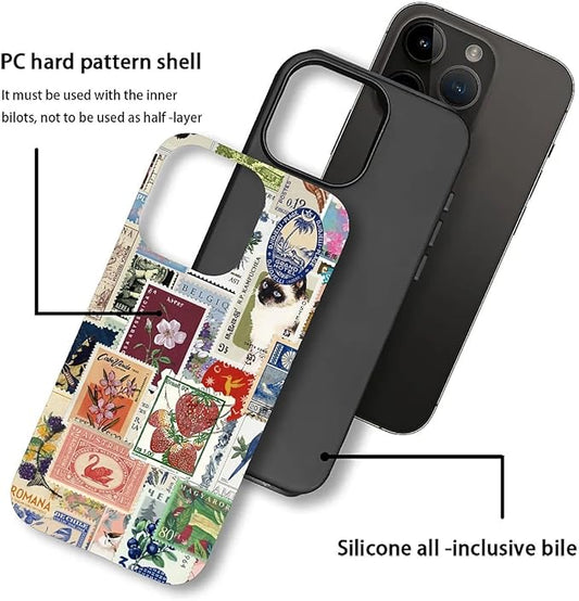 Case for iPhone 14 Pro Max,Vintage Stamp Collage for Woman Men Full Body Protective Cover Shockproof 2 in 1 Silicone + Hard PC Case for iPhone 14 Pro Max