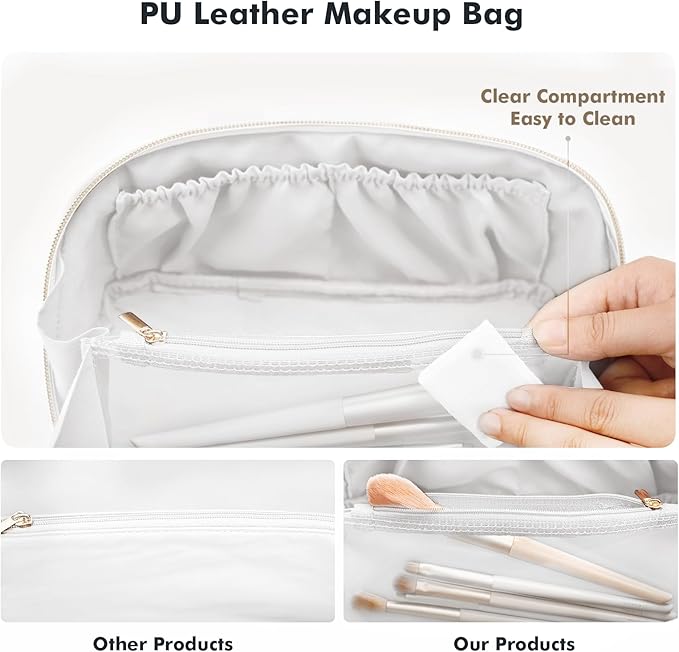 Prite Makeup Bag for Women Travel Waterproof Vegan Leather Cosmetic Bag Open Flat Toiletry Bag With Clear Divider and Handle (Plaid Beige)