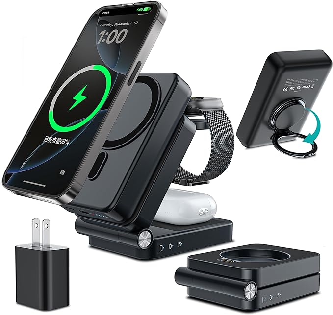 HUOTO 3 in 1 Foldable Magnetic Wireless for iPhone Charging Station,10000mAh Portable Charger Power Bank with Stand for MagSafe Battery Pack for iPhone 16/15/14/13/12 Series,for Apple Watch/Air pods