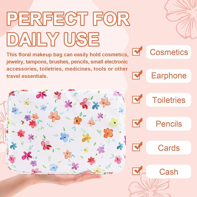 Waterproof Large Floral Makeup Pouch,Nylon Travel Toiletry Storage Purse Preppy Cosmetic Bag for Women Girl,Large Capacity Makeup Organizer Zipper Pouch for Work(L Colorful-Flowers)