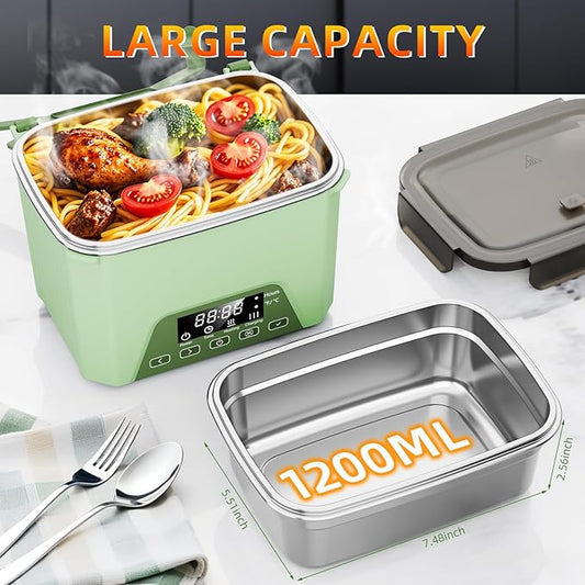 Cordless Electric Lunch Box, 1.2L Self Heating Lunch Box Battery Powered with Automatic Heating, BPA Free, Meal Prep Friendly (Green)
