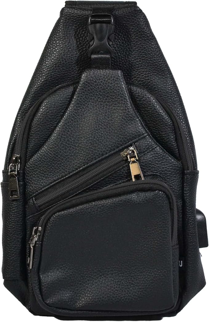 Milan Anti-Theft Daypack Crossbody Sling Backpack, Vegan Leather, USB Charging Connector Port, Lightweight Day Pack for Travel, Hiking, Everyday, Large, Black