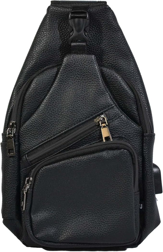 Milan Anti-Theft Daypack Crossbody Sling Backpack, Vegan Leather, USB Charging Connector Port, Lightweight Day Pack for Travel, Hiking, Everyday, Large, Black