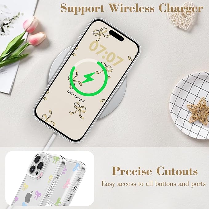 EYZUTAK Case for iPhone 17 Pro Max, Clear Cute Ribbon Bowknot Pattern Aesthetic Transparent Phone Case Raised Camera Protection Stylish Slim Soft Durable TPU Protective Cover for Women Girls -Colorful