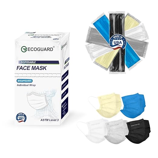 Disposable Face Masks Made in USA, 4 Ply for Families, Students, Breathable All-Day Wear & Safety, ASTM Level 3 Medical Grade, 50 Pack Individual Wrap, Colorful