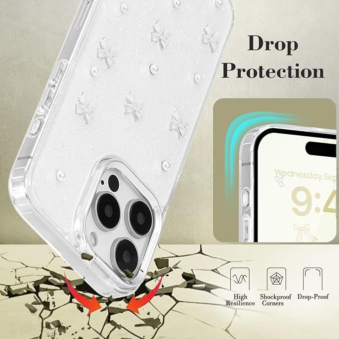 EYZUTAK Case for iPhone 15 Pro, Bling Glitter 3D Bowknot Phone Case Cute Sparkly Crystal Clear Bow Aesthetic Design Case Slim Soft Durable TPU Transparent Protective Cover for Women Girl - White Bow