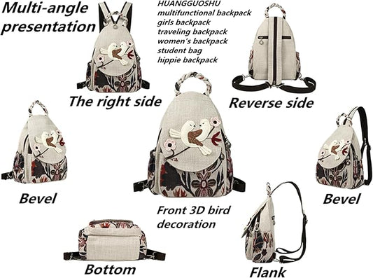 HUANGGUOSHU Boho Chic Knit Backpack - Handcrafted, Soft Fabric, Multi-pocket, Secure Zipper Pockets, Ideal Gift for Girls, Moms, and Students - Perfect Travel and School Bag-Bird Backpack