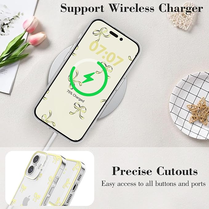 EYZUTAK Case for iPhone 17, Clear Cute Ribbon Bowknot Pattern Aesthetic Transparent Phone Case Raised Camera Protection Stylish Slim Soft Durable TPU Protective Cover for Women Girls - Yellow