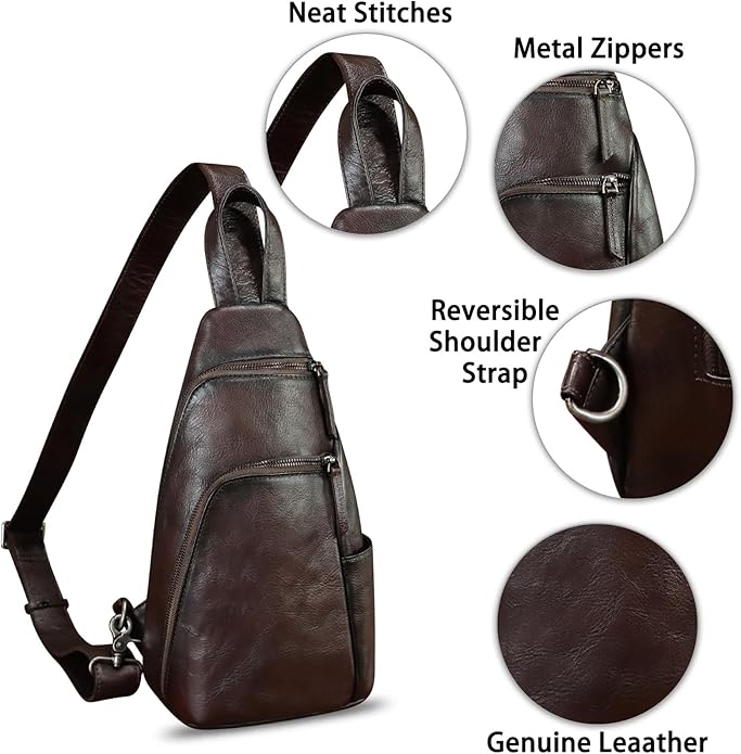 Genuine Leather Silng Bag for Men and Women Vintage Leather Sling Backpack Purse Shoulder Crossbody Bag Chest Bag