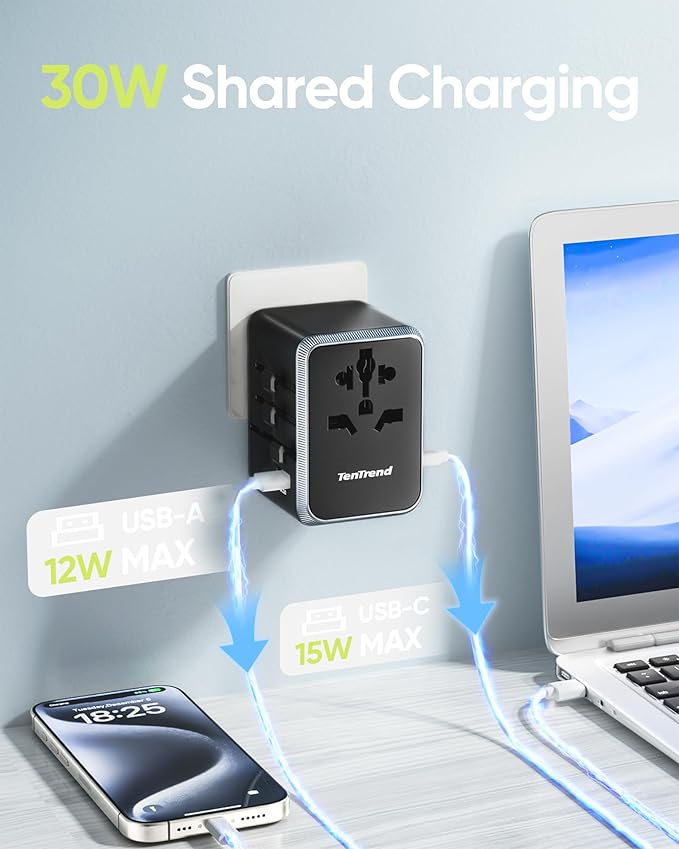 Universal Travel Adapter, 30W International Power Adapter with 4 USB-C & 1 USB-A Ports, European Travel Plug Adapter, Worldwide Travel Essentials for EU UK AUS USA