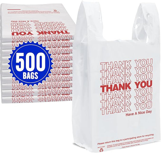 Fuxury 500 Count - Thank You Plastic T-shirt Bags White (11.5" x 6.5" x 21"), T-shirt, Grocery, Take Out, To Go, Retail Shopping Bags in Bulk