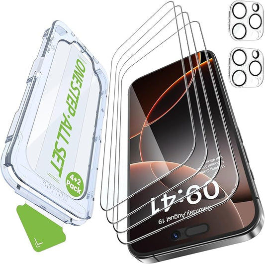 iGluz 4 Pack for iPhone 16 Pro Screen Protector with 2-Pack Camera Lens Protector[99.99%HD Clear][9H Tempered Glass][Bubble Free][Easy Installation][Smooth Touch][Anti-fingerprint],4+2 Dual Protection
