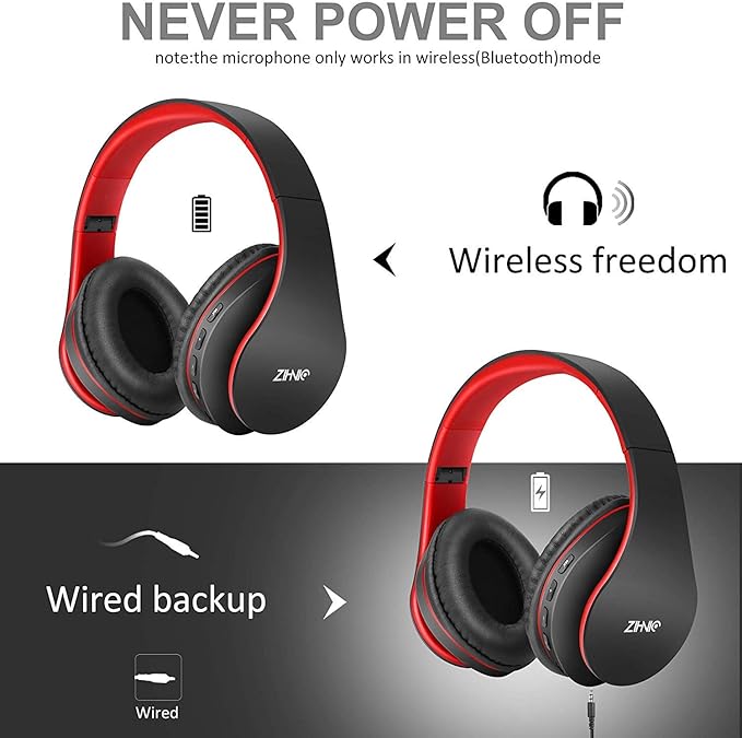 ZIHNIC Bluetooth Headphones Over-Ear, Foldable Wireless and Wired Stereo Headset Micro SD/TF, FM for Cell Phone,PC,Soft Earmuffs &Light Weight for Prolonged Wearing (Black/red)