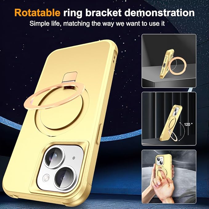 Compatible with iPhone 15 Plus Case with Invisible Magnetic O-Ring Stand Military-Grade Case for iPhone 15 Plus 6.7" [Compatible with Mag-Safe][Great Grip Feeling], Gold