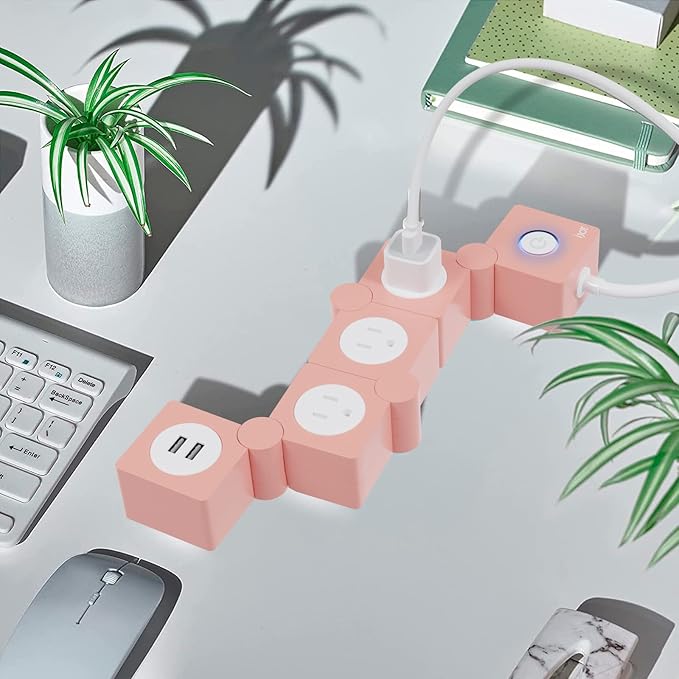 iJoy Flexible Power Strip - 3 AC Outlets and 2 USB Charging Ports with Pink Extension Cord, Power Strips with Surge Protection, Decorative Surge Protector Outlet Extender for Home, Office, and More