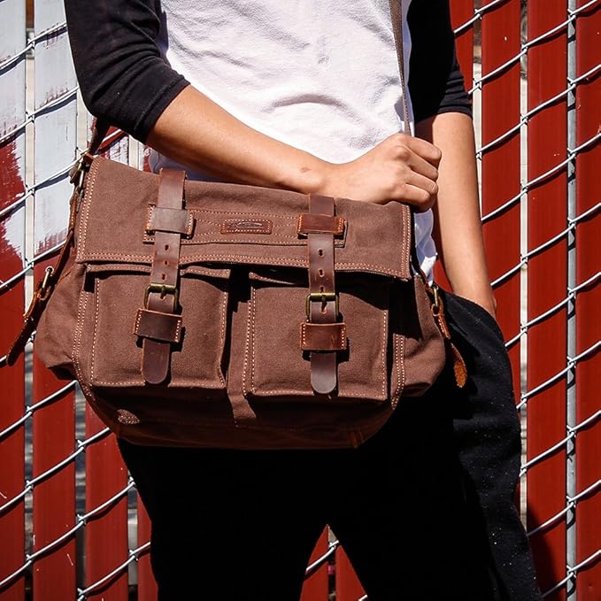 Messenger Bag for Laptop Vintage Canvas Leather Crossbody Satchel Shoulder Computer Bag Travel Office Messenger Bag