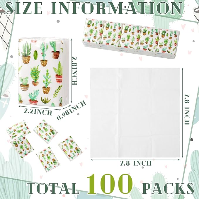 100 Pack Facial Tissue Mini Paper Pocket Tissues Small Size Travel Tissue Packs for Wedding Party Favors Graduation Celebration, 3 Ply, 2.8 x 2.2 In(Cactus)