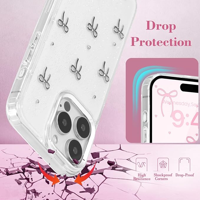 EYZUTAK Case for iPhone 15 Pro, Bling Glitter 3D Bowknot Phone Case Cute Sparkly Crystal Clear Bow Aesthetic Design Case Slim Soft Durable TPU Transparent Protective Cover for Women Girls - Bow