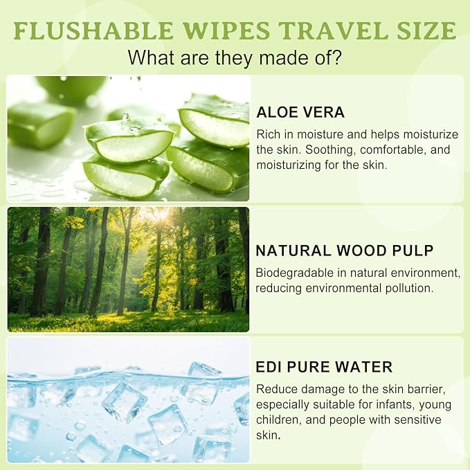 twoworld Flushable Wipes Travel Size Individually Wrapped for Women and Men,Unscented Wet Wipes Travel Size for Adult,Women,Men,Girl and Homeless (green,pack of 50)