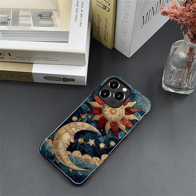 Case for iPhone 14 Pro Max Case,Sun Moon Stars Faux Stained Glass Design Hybrid Dual Protection Silicone + Hard PC Shockproof Full Body Cover,Slim Anti-Scratch Protective for Men Women
