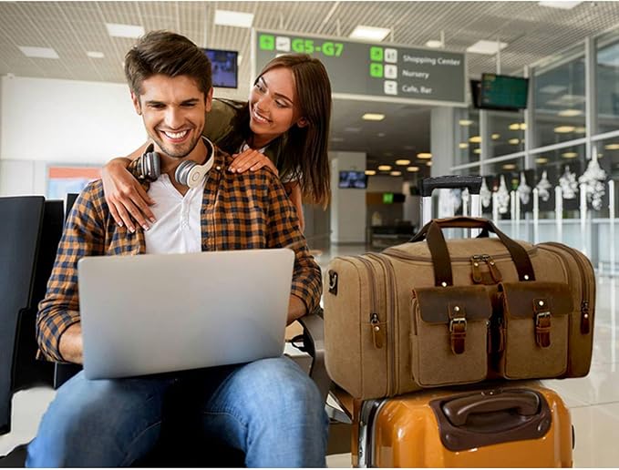 Imyth Retro Crazy Horse Leather Canvas Duffle Bag 60L Expandable Travel Bag for Airplanes (Coffee)