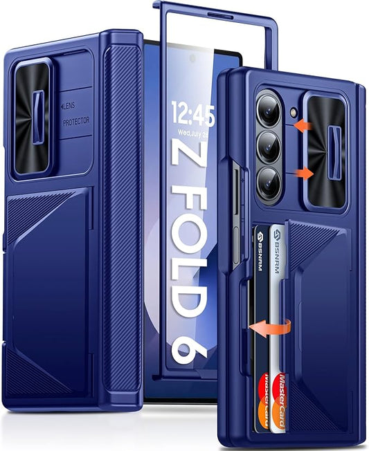 for Samsung Galaxy Z Fold 6 Case with Card Holder RFID Blocking & Slide Camera Cover& Hinge Protection& Full-Body Rugged Shockproof Wallet Case for Galaxy Z fold 6, Sapphire Blue