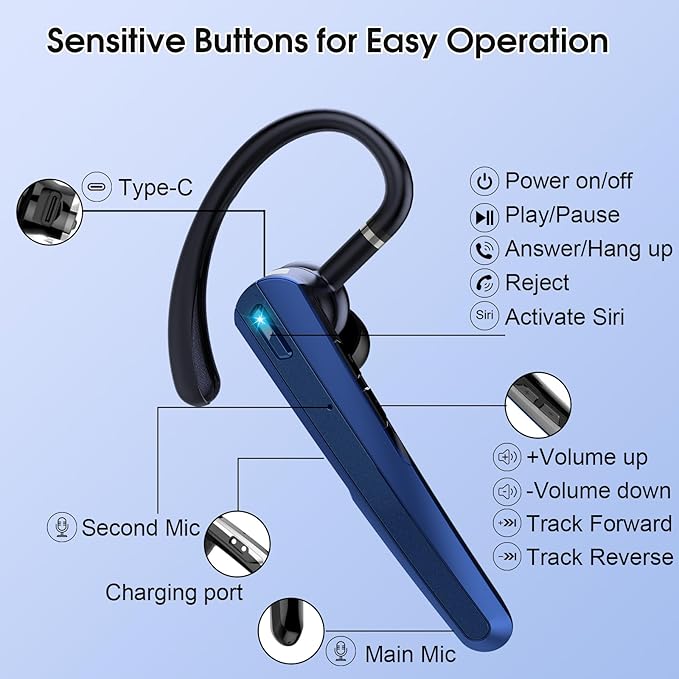 Bluetooth Headset V5.3, Wireless Earpiece with Dual ENC Noise Canceling Mic, 120H Hand-Free Talk Single-Ear Bluetooth Earpiece with LED Display, IP7 Waterproof Headphones for Trucker, Dark Blue