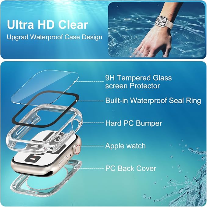 3 in 1 Waterproof Case for Apple Watch Screen Protector 40mm Series 4/5/6/SE/SE2/SE3(2025),with Tempered Glass 360° Protective Front and Back PC Bumper Cover Compatible iWatch 40mm