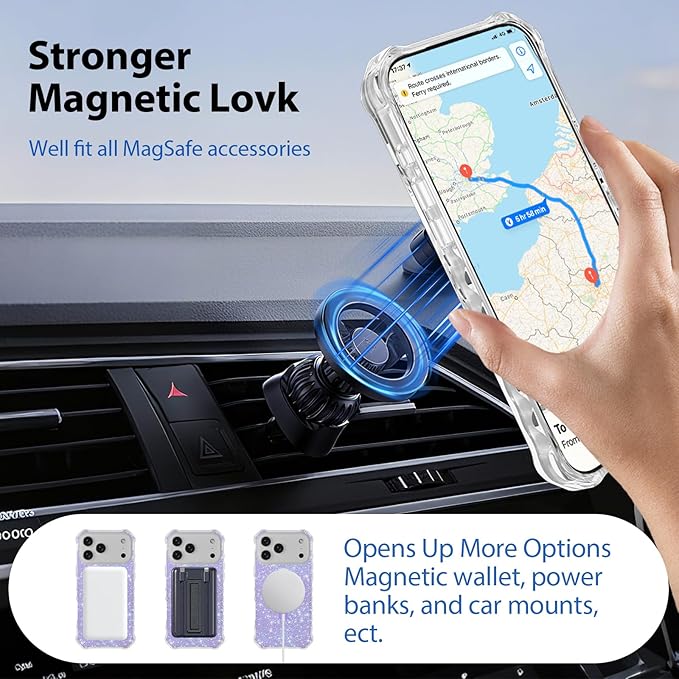 Magnetic for iPhone 17 Pro Max Case with Invisible Stand, Compatible with MagSafe, Clear Bling Sparkle Shockproof Slim Anti-Slip Military Drop Protection Hard Phone Case 6.9" Glitter Purple