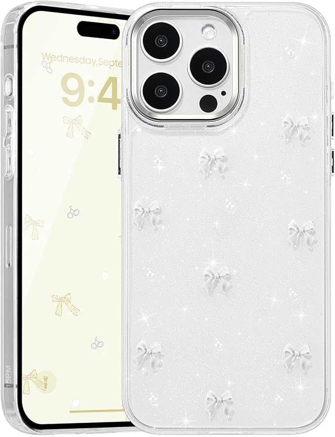 EYZUTAK Case for iPhone 15 Pro, Bling Glitter 3D Bowknot Phone Case Cute Sparkly Crystal Clear Bow Aesthetic Design Case Slim Soft Durable TPU Transparent Protective Cover for Women Girl - White Bow