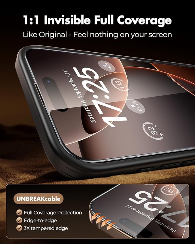 UNBREAKcable 3-Pack Screen Protector for iPhone 16 Pro Max Tempered Glass - [One-Pull Perfection] [Auto Dust-Elimination] [9H+ Hardness] [99.99% HD Clear] Full Coverage for iPhone 6.9 inch