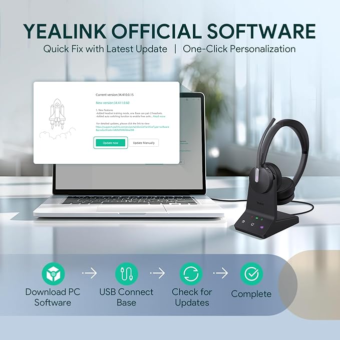 Yealink WH64 DECT & Bluetooth Mono UC Wireless Headset, 606ft Long Range Work Headphones, 3X Noise Cancelling Mic, 26H Calls,Ringtone, Office Single On Ear Headsets (Desk Phone,Laptop,PC,Cellphone)