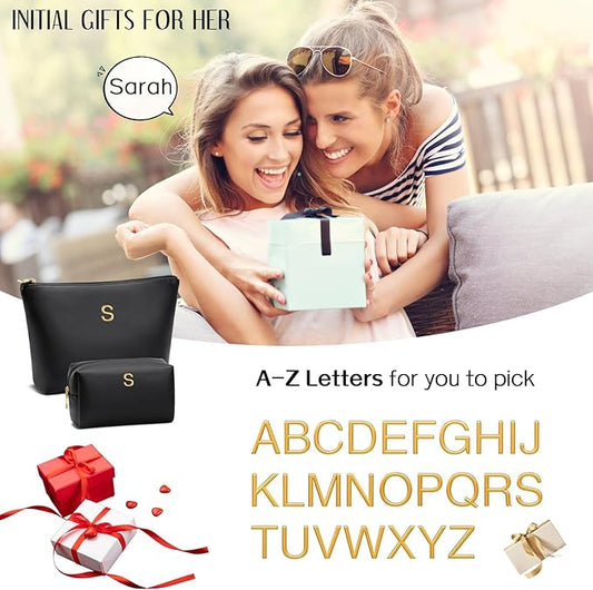 Women Gifts | Initial Makeup Bag Set for Girl Personalized Gifts for Bridesmaid Friend Graduation Teachers PU Leather Cosmetic Travel Toiletry Bag(Black,M)