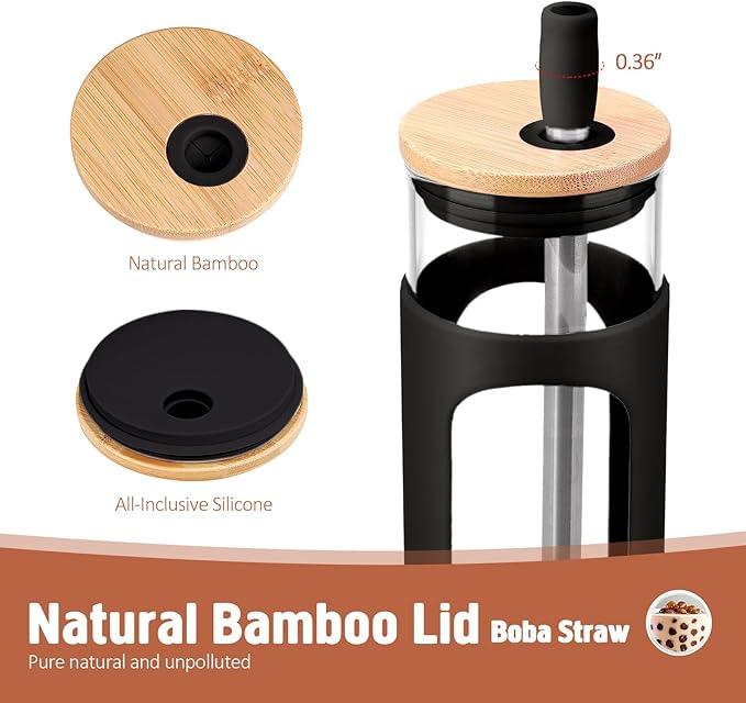 Kodrine 24oz Glass Tumbler with 2 Lids and Straws, Glass Cup With Bamboo Lid and On-the-go Lid, Reusable Iced Coffee Cup, Ideal for Smoothie, Cold Drinks, Fit Cup Holder, BPA Free (1, Black)