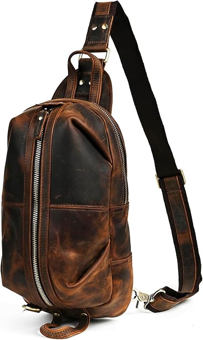 Thick Crazy horse Leather Triangle Crossbody Sling Chest Bag Travel One Shoulder Bag Daypack For Men Male 3028