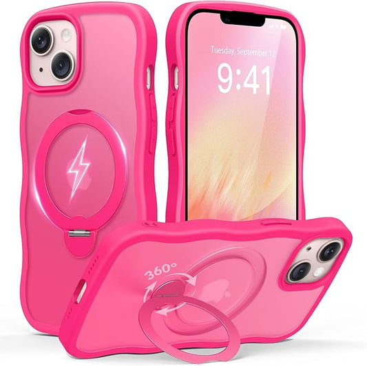 for iPhone 13 Case & iPhone 14 Case for Women,[Compatible with Magsafe][360° Spin Magnetic Stand][Cute Wave Edge][Military-Grade Protection] Translucent Matte Phone case for iPhone 13/14, Hot Pink