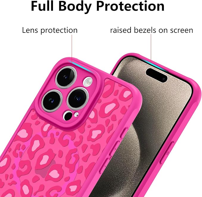 KANGHAR Case for iPhone 15 Pro Hot Pink Leopard Printed Pattern Cute Cheetah [Compatible with Magsafe] Protective Magnetic Case for Girls Women 6.1"