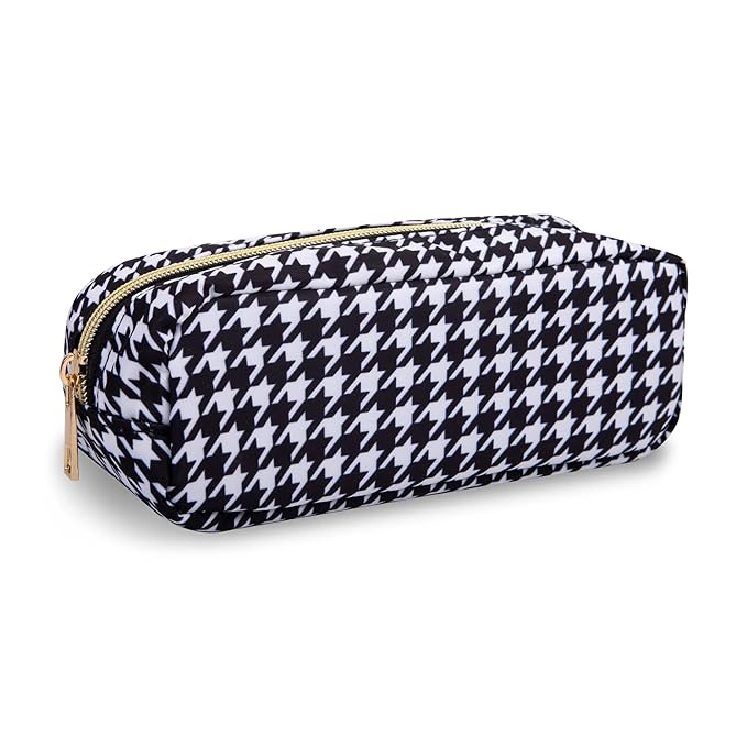 Small Pencil Case Makeup Bag for Purse, Cute Pencil Pouch Nylon Preppy Houndstooth Makeup Brush Bag with Zipper, Girl Portable Stationery Storage Case Small Pen Bag for Office School(Slim-Houndstooth)