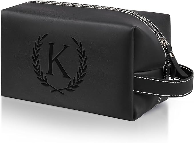 Personalized Gifts Travel Toiletry Bag for Men Engraved Initial PU Leather Waterproof Shaving Bag for Toiletries Accessories Fathers Day Birthday Gift for Men Dad Husband Son, Black K